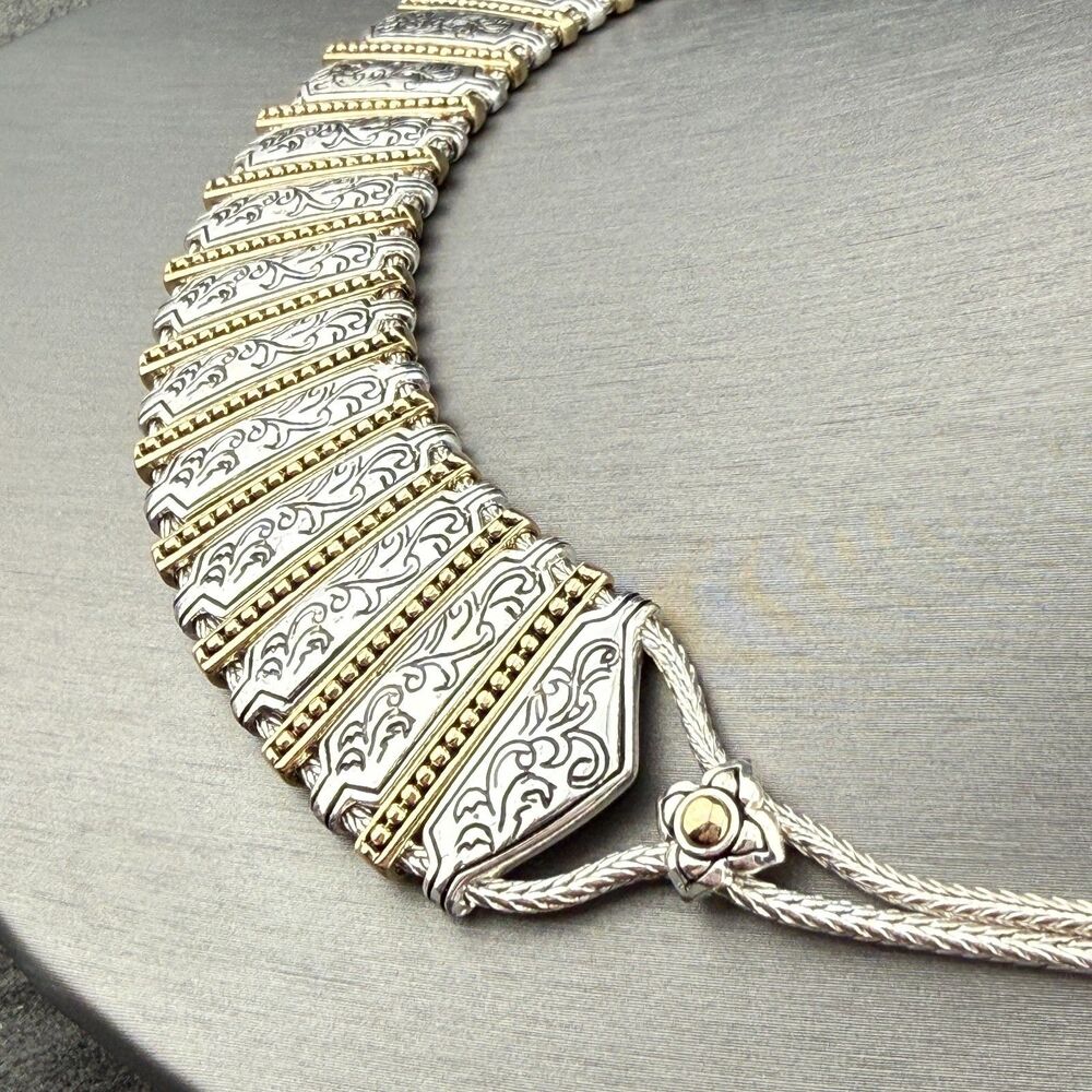 Vintage Monet Silver-Gold-Tone Etruscan Style Bib Collar Necklace Boho Tribal - Picture 4 of 14